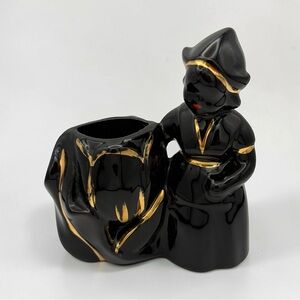 Vintage Blackamoor Ceramic Dutch Girl Figurine Black With Gold Trim Planter MCM